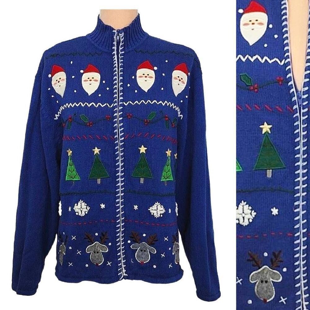 VTG 90s Blue Red Santa Christmas Knit Crochet Sweater Cardigan XL